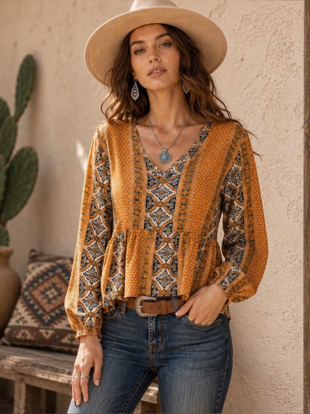 Wrangler Retro Mustard Boho Peasant Blouse | Western Prairie Top | Large